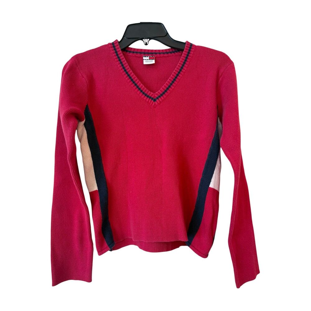 Vintage Tommy Jeans Y2K Red V-Neck Sweater Large Colorblock Preppy